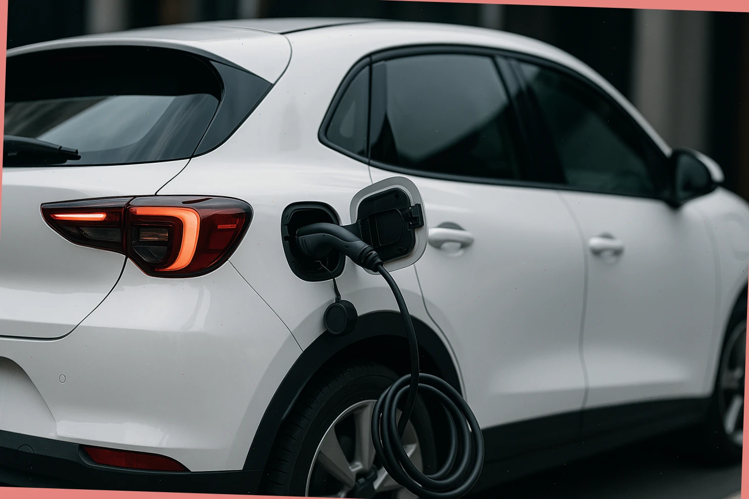 Compact EV with Type 2 connector coiled beside the rear quarter panel