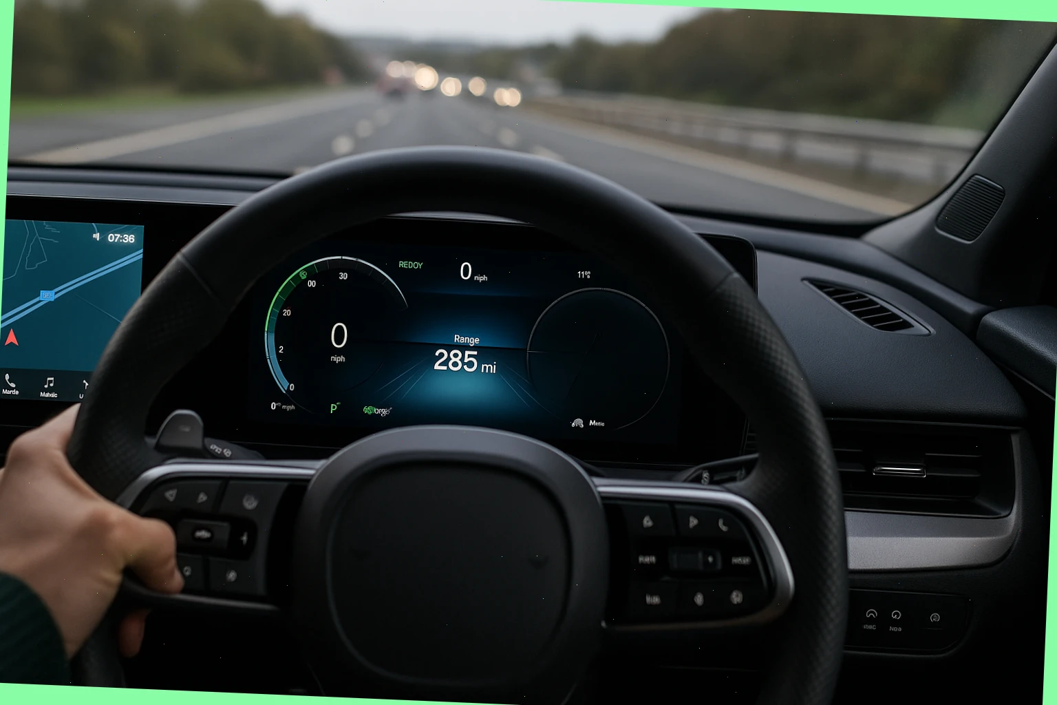 Long-range EV showing dashboard range estimate before a motorway trip