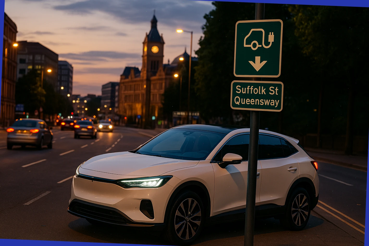 EV on Suffolk Street Queensway at dusk with light traffic and charge wayfinding signs